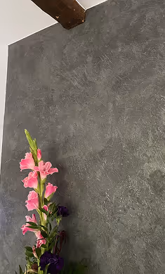 Hellrosa Gladiolenblüte neben einer grauen, strukturierten Wand mit sichtbarem Holzbalken an der Decke.
